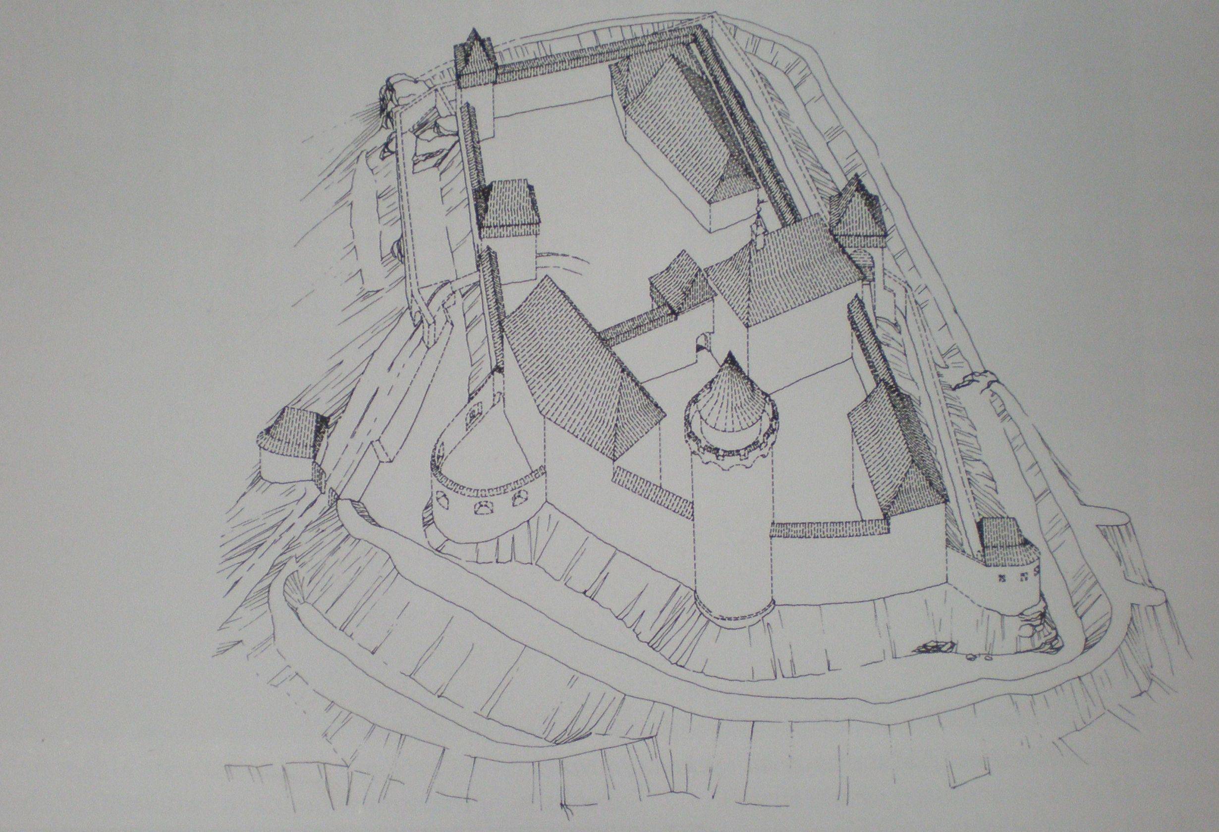 Rekonstrukce podoby hradu k roku 1467 (zdroj: KOUŘIL, P., PRIX, D., WIHODA, M.: Hrady českého Slezska. Brno-Opava 2000, s. 78).