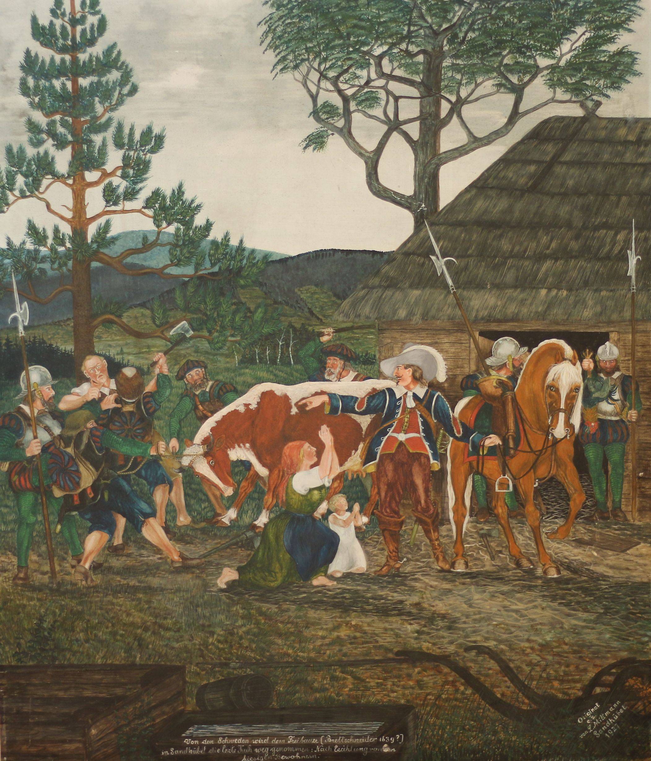 Obraz Švédové loupí v Písečné od L. Mittmana, 1927 (VMJ).